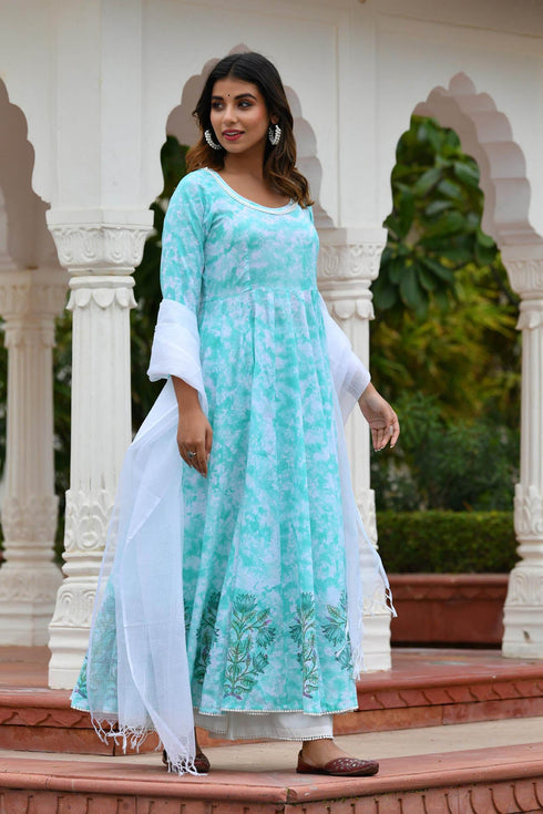 MULMUL OPAL GREEN TIE DYED & BLOCK PRINTED PANELED KURTA-PLAZZO & DUPATTA MULMUL OPAL GREEN TIE DYED & BLOCK PRINTED PANELED KURTA-PLAZZO & DUPATTA